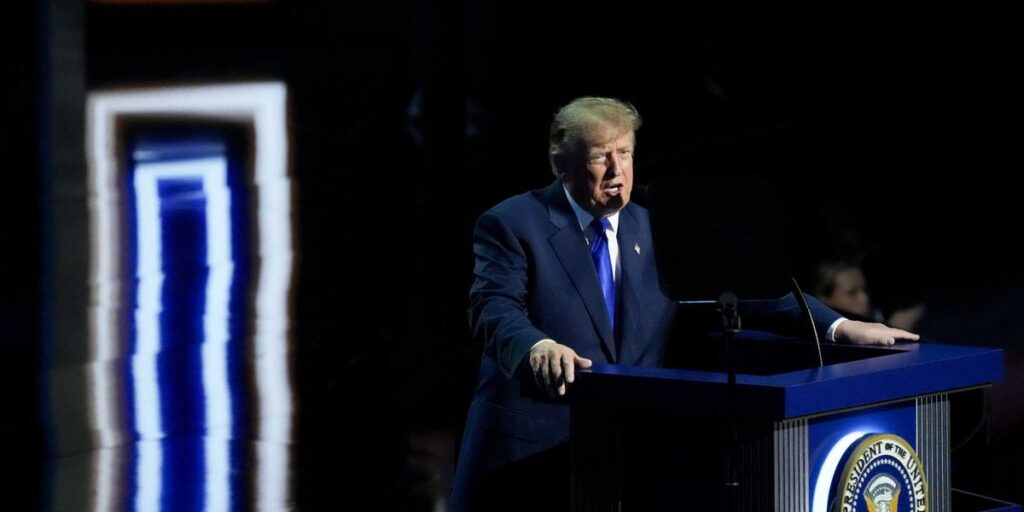 Us president donald trump speaks during the first day of the republican midterm convention at the american airlines center in da